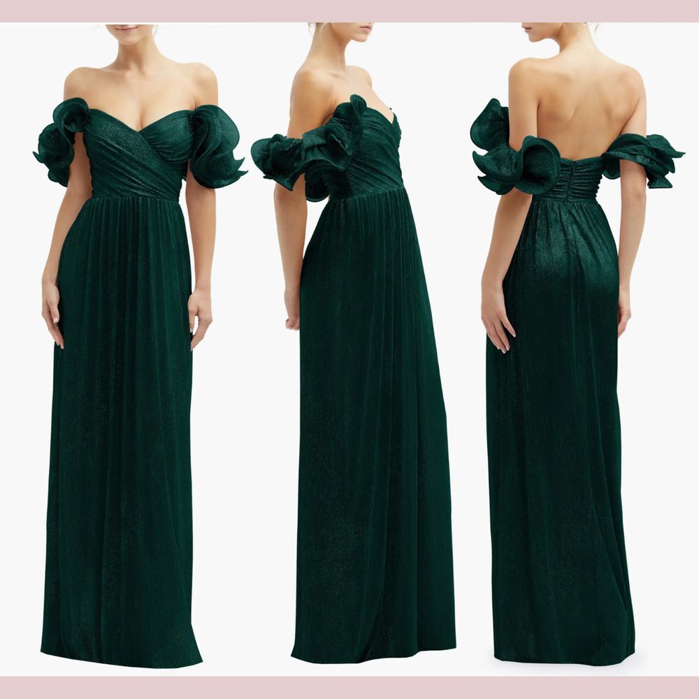 NWT After Six [ XL ] Ruffle Off Shoulder Metallic Column Gown Evergreen‎ Green